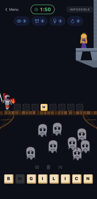 Word Drop gameplay animation, impossible mode